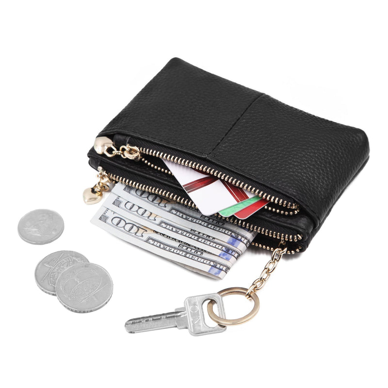 [Australia] - Women Genuine Leather Zip Mini Coin Purse with Key Ring Triple Zipper Card Holder Wallet (Black) Black 
