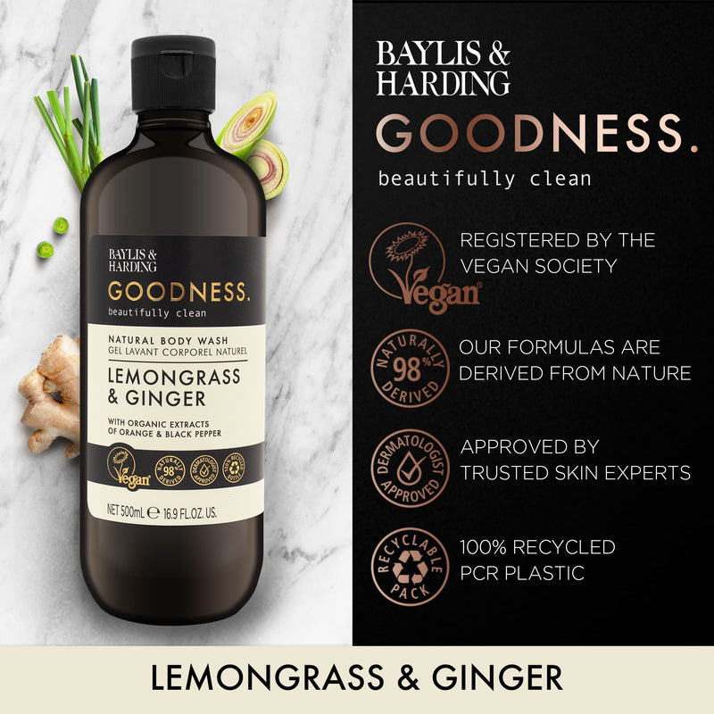 [Australia] - Baylis & Harding Goodness Body Wash Bundle: 3 x Lemongrass & Ginger 500ml and 3 x Oud, Cedar & Amber 500ml (6 bottles) - Vegan Friendly Body Wash Bundle 1 