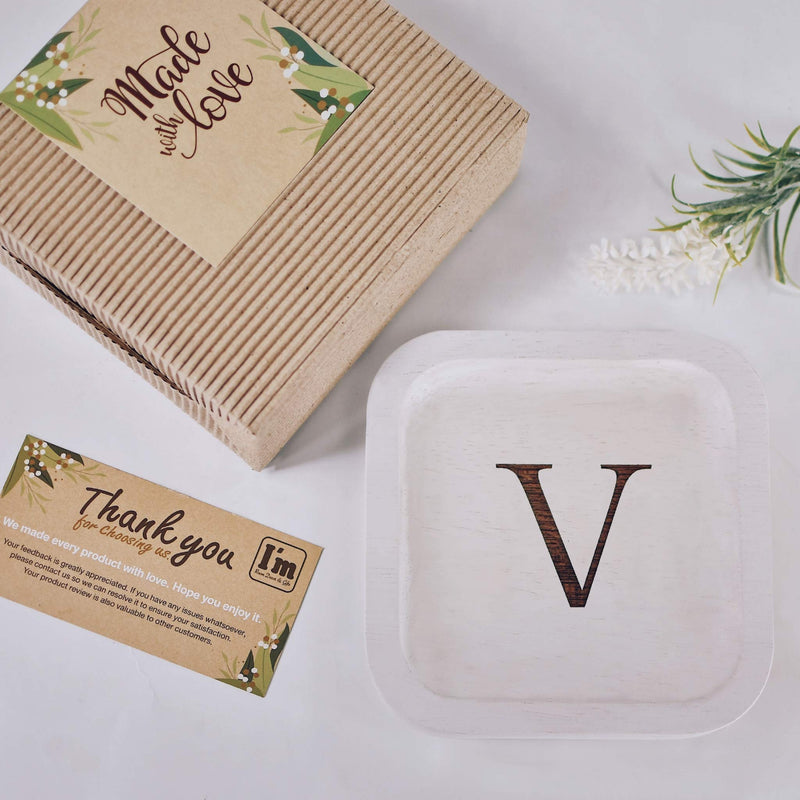 [Australia] - Solid Wood Personalized Initial Letter Jewelry Display Tray Decorative Trinket Dish Gifts For Rings Earrings Necklaces Bracelet Watch Holder (6"x6" Sq White "V") 6"x6" Sq White "V" 