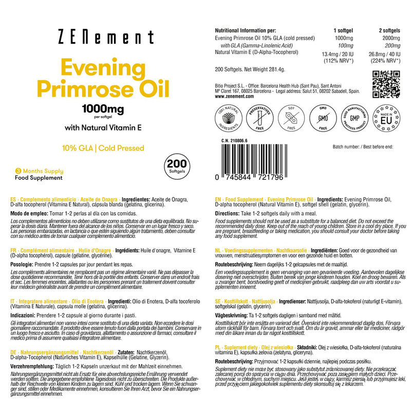 [Australia] - Evening Primrose Oil, 1000mg per softgel, 10% GLA, Cold Pressed, 200 Softgels | Good for Women's Health, Menstrual Symptoms and to Help Maintain Healthy Skin and Bones | Zenement 