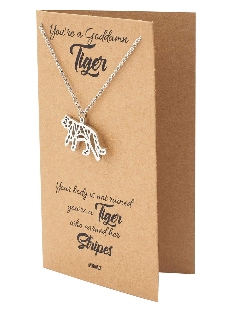 [Australia] - Quan Jewelry Geometric Origami Tiger Necklace, Nature Animal Tiger Stripes Pendant Charm, New Moms New Dads Everyday Necklace Gift, Silver Tone with Motivation Card - 100% Handmade & Unique 