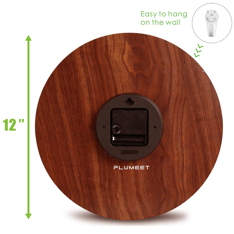 [Australia] - Plumeet Luminous Wall Clock - 12'' Non-Ticking Silent Wooden Clocks with Night Light - Large Decorative Wall Clock for Kitchen Office Bedroom,Battery Operated (Brown Face) Country Rustic 
