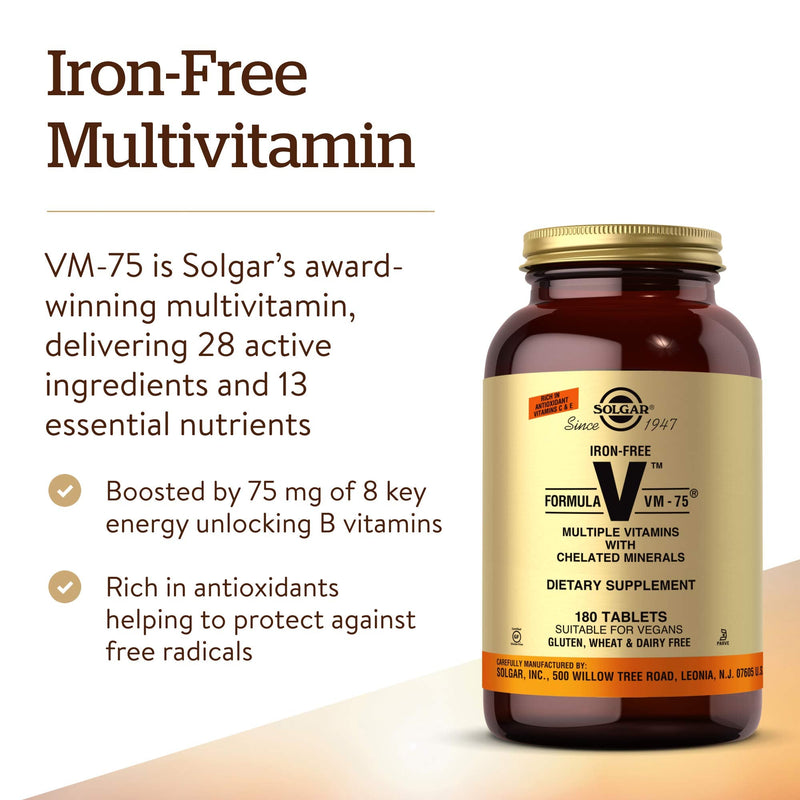 [Australia] - Solgar Iron-Free Formula VM-75, 180 Tablets - Multivitamin with Chelated Minerals - Vitamin A, B6, B12, C, D, E - Biotin, Magnesium, Calcium, Zinc - Vegan, Gluten & Dairy Free, Kosher - 180 Servings 180 Count (Pack of 1) 