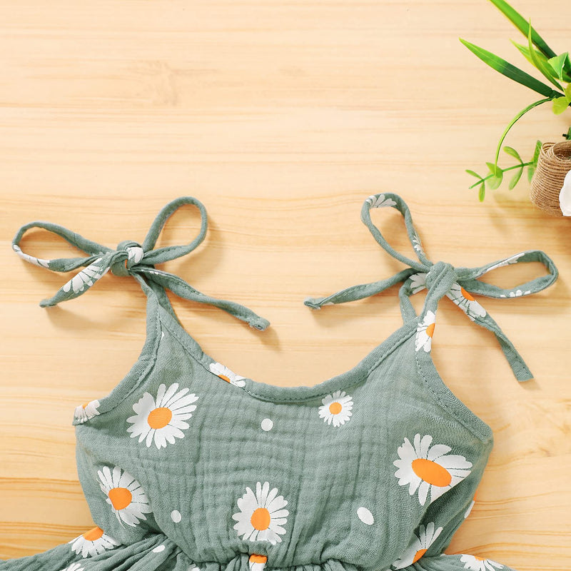 [Australia] - Newborn Girl Clothes Baby Strap Daisy Romper Bodysuit with Headband Infant Summer Jumpsuit Green 0-3 Months 