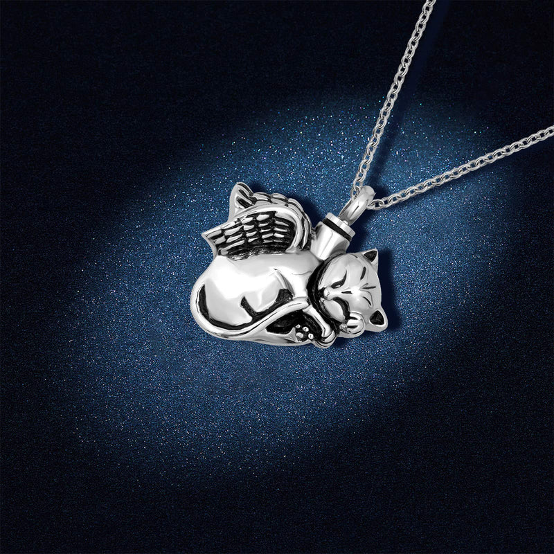 [Australia] - YSAHan Lovely Cat Angel Urn Necklace for Ashes Animal Pet Cremation Memorial Pendant Stainless Steel Keepsake Jewelry with Fill Kit 