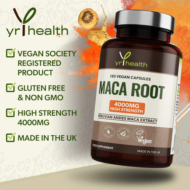 [Australia] - Maca Root Capsules 4000mg , 180 Vegan High Strength Peruvian Black Maca Extract Capsules, Natural Booster, Sexual Health Supplement for Men and Women - Made in the UK by YrHealth 