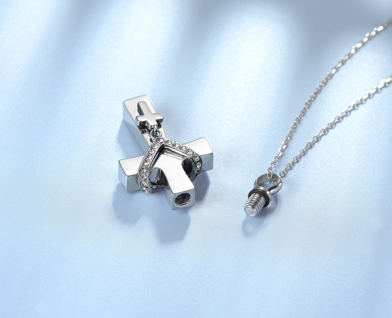 [Australia] - UNY Stainless Steel Memorial Pets Ashes Keepsake Pendant Unique Double Cross urn Cremation Pendant 