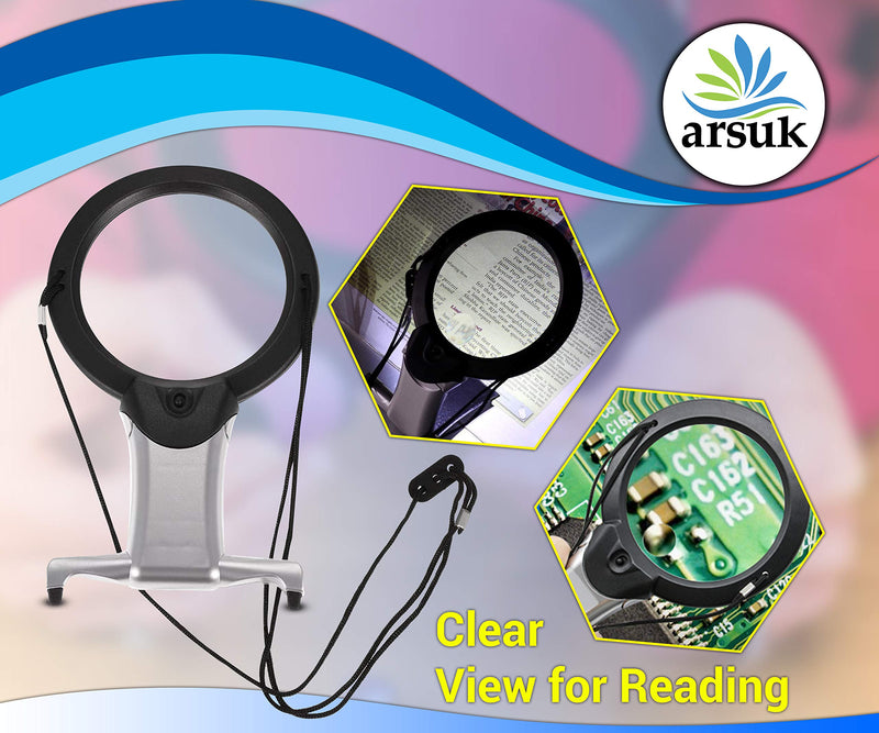 [Australia] - ARSUK Magnifying Glass with Light 2X 6X Magnification Combo Large Hands Free Reading Magnifier Neck Hanging Cord & Desk Stand for Crafts Sewing Cross Stitch Hobby Jewelry Repair 