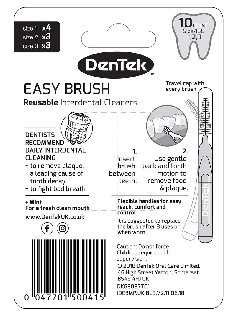 [Australia] - DenTek Easy Brush Interdental Brushes, Multi-Size Pack, 4 x ISO1 (0.45mm), 3 x ISO2 (0.5mm) and 3 x ISO3 (0.6mm) for removing food and plaque between teeth. 10 Pack 10 Count (Pack of 1) 10 Count (Pack of 1) 