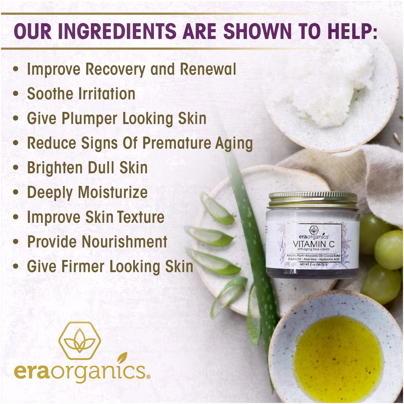 [Australia] - Era Organics Vitamin C Face Cream - Super Revitalizing Hyaluronic Acid Vitamin C Moisturizer For Face & Neck, Face Brightening Cream With Kakadu Plum, Jojoba Oil, Vitamin E For Wrinkles, Fine Lines 