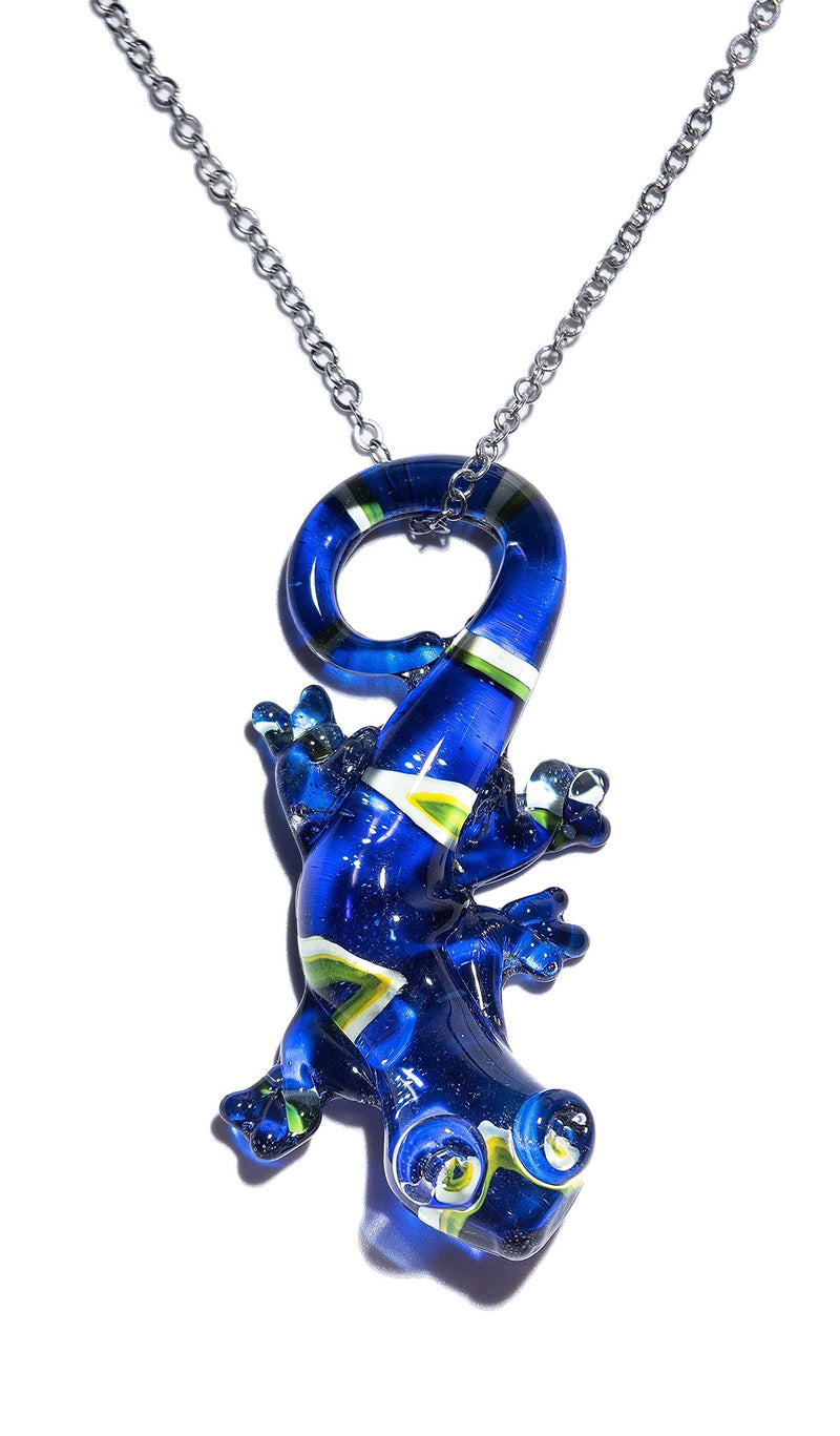 [Australia] - Handmade Large Blue Lizard Art Glass Blown Animal Figurine Pendant Necklace Jewelry 