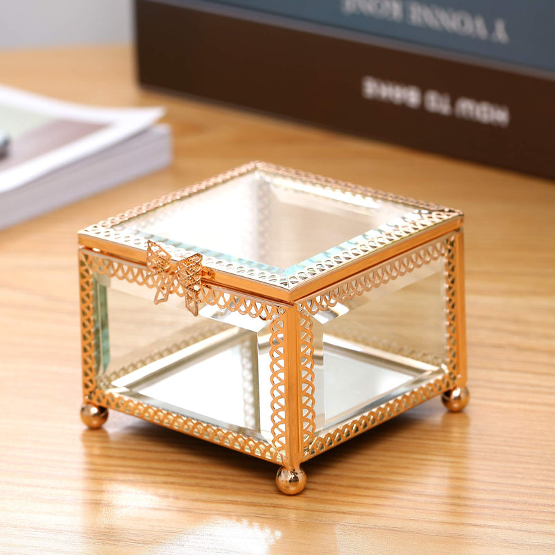 [Australia] - X-nego Handmade Art Gold Glass Jewelry Box Mirrored Keepsake Box Ornate Ring Earring Box for Girls Romantic Gift square 