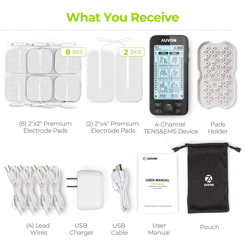 [Australia] - AUVON 4 Outputs TENS Unit EMS Muscle Stimulator Machine for Pain Relief Therapy with 24 Modes Electric Pulse Massager, 2" and 2"x4" Electrodes Pads (Black) A-black 