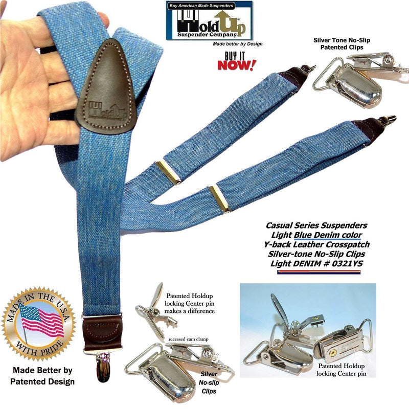 [Australia] - Holdup brand USA made Light Blue Denim Y-back Suspenders with Silver-tone No-slip Clips 