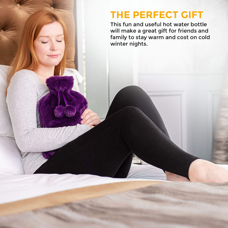 [Australia] - LIVIVO 2L Hot Water Bottle with Insulating Cover Featuring Decorative Pom-Poms - Keep Cosy and Warm (Purple) Purple 