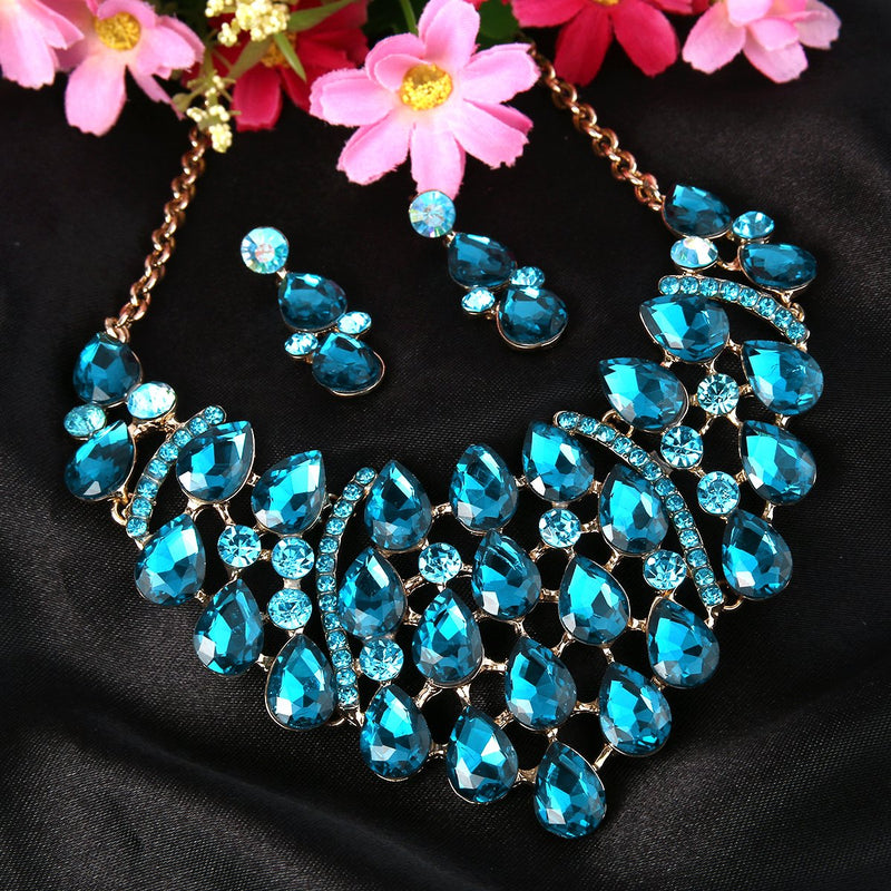 [Australia] - EVER FAITH Rhinestone Crystal Gorgeous Teardrop Statement Necklace Earrings Set Blue Gold-Tone 