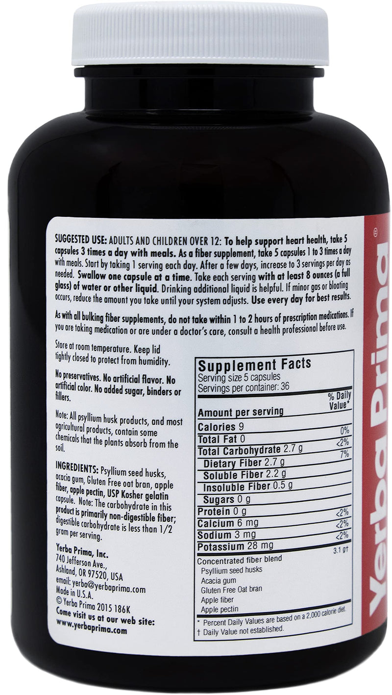 [Australia] - Yerba Prima Soluble Fiber Formula Capsules, 180 Count - Premium Dietary Fiber Supplement, Natural, Concentrated Soluble Fiber, Promotes Heart Health, Gluten Free, Non-GMO, Made in USA 