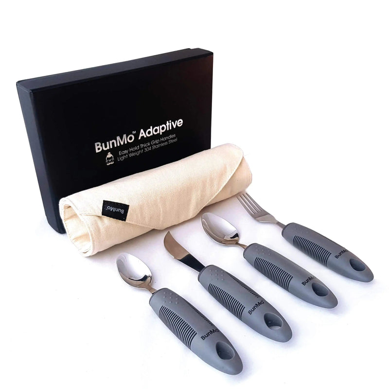 [Australia] - BunMo Adaptive Utensils for Elderly/Arthritis/Weak Hand Grip & Handicapped - Convenient Travel Pouch (4 Piece Set) 4 Piece Set 