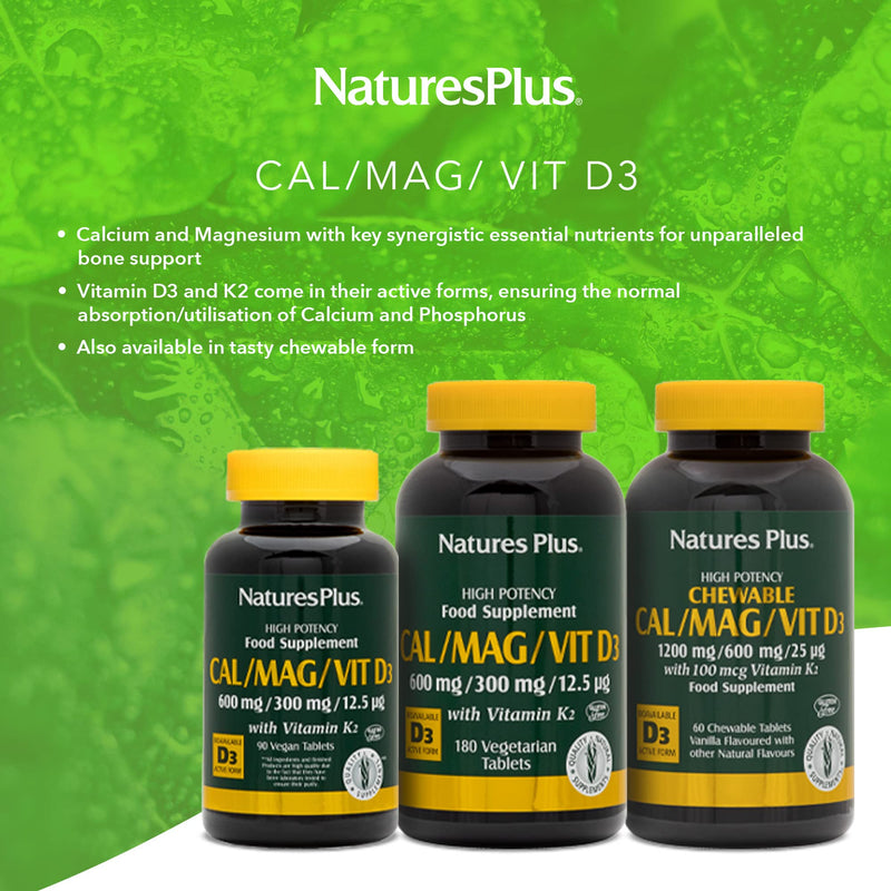 [Australia] - NaturesPlus Cal/Mag/VIT D3 with K2 - Bone Health Supplement with Calcium, Magnesium, Vitamin D3, K2 - Vegetarian, Gluten Free - 180 Tablets 180 Count (Pack of 1) 