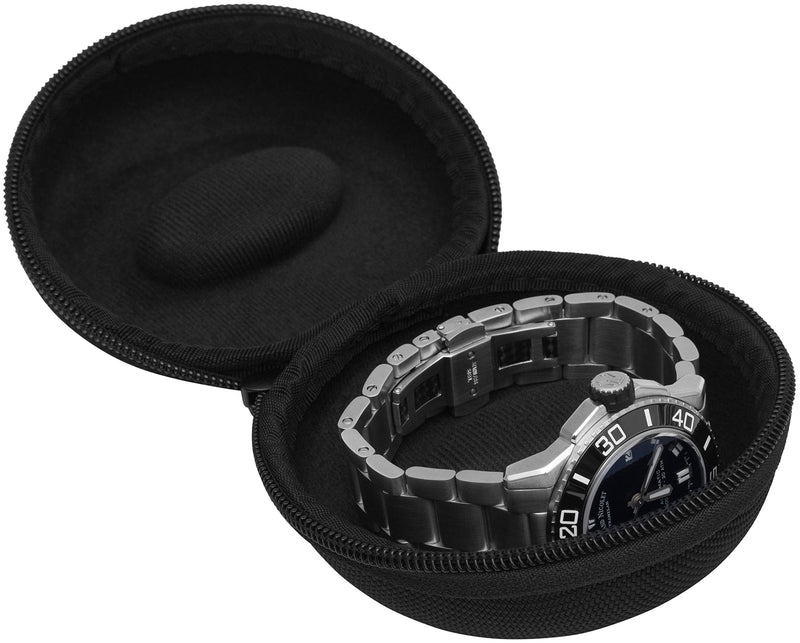 [Australia] - WATCHPOD Travel Watch Case | Single Watch Box w/ Zipper for Storage | Cushioned Round Portable Watch Case for Travel | Fits all Wristwatches and Smart Watches up to 50mm (Black) 