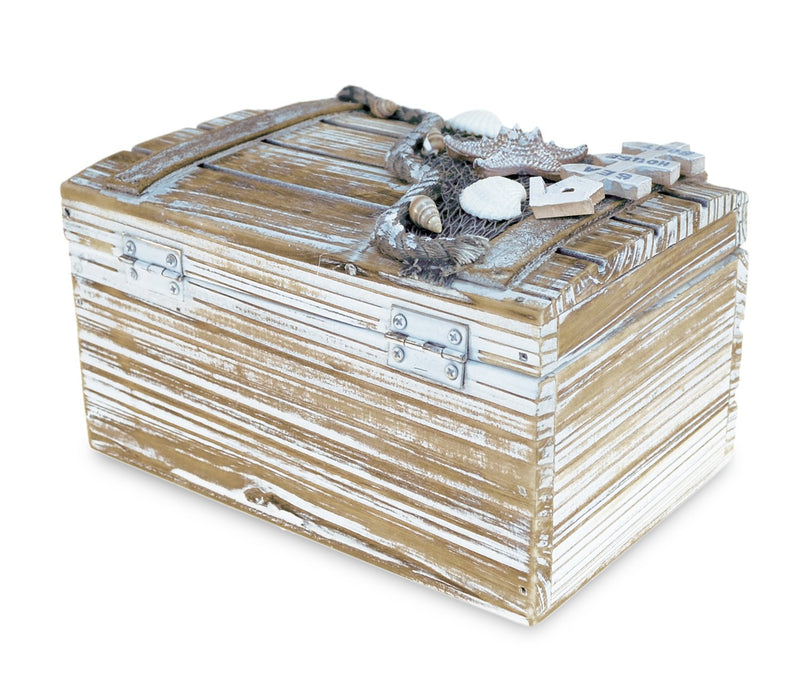 [Australia] - Puzzled Baja Medium Rustic Wood Nautical Jewelry Box, 6.75" x 3.75" Handcrafted Hinged Lid Starfish Seashell Decor Keepsake Desk Organizer or Gift Box for Rings & Trinkets - Beach Home Decor Stash 