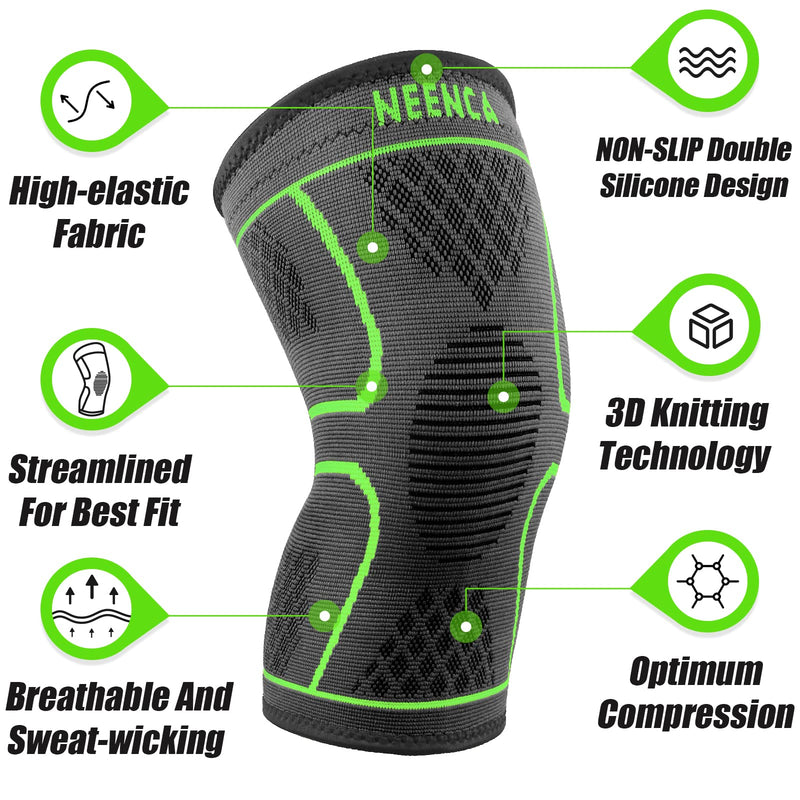 [Australia] - NEENCA 2 Pack Knee Brace, Knee Compression Sleeve Support for Knee Pain, Running, Work Out, Gym, Hiking, Arthritis, ACL, PCL, Joint Pain Relief, Meniscus Tear, Injury Recovery, Sports Large 2 Pack - Fluorescent Green 