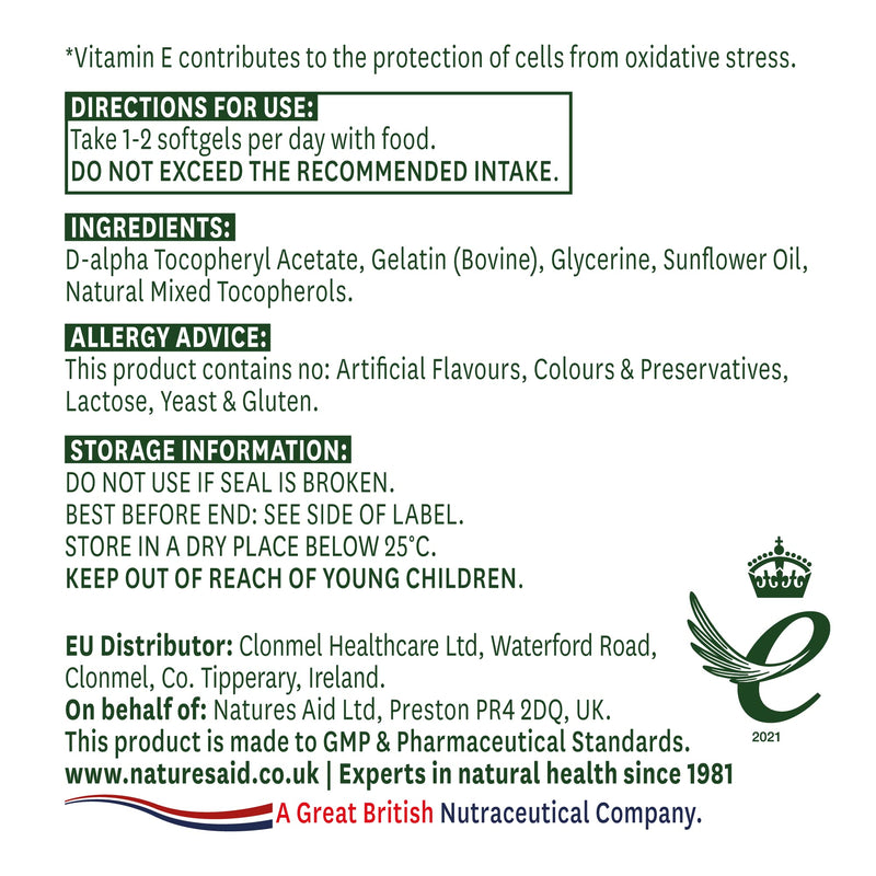 [Australia] - Natures Aid Vitamin E 200iu 60 Softgels (Natural Source Vitamin E, Protects Cells from Oxidative Stress, Made in the UK) Single 