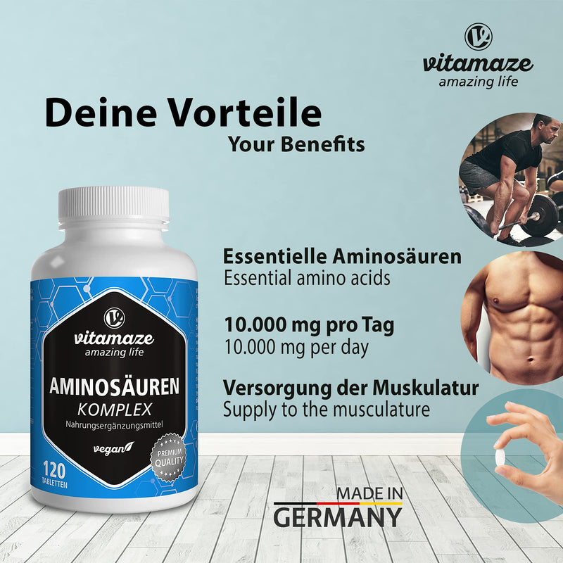 [Australia] - Amino Acid Complex high Dosage & Vegan, 120 Tablets with 8 Essential Amino acids, Natural Food Supplement Without additives 