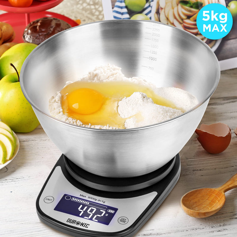 [Australia] - Duronic Kitchen Scales with Bowl for Baking KS5000BK/SS Digital Postal Parcel Weighing Scale 5KG Capacity Tare 1g Precision Stainless Steel 2.5L Bowl Black 
