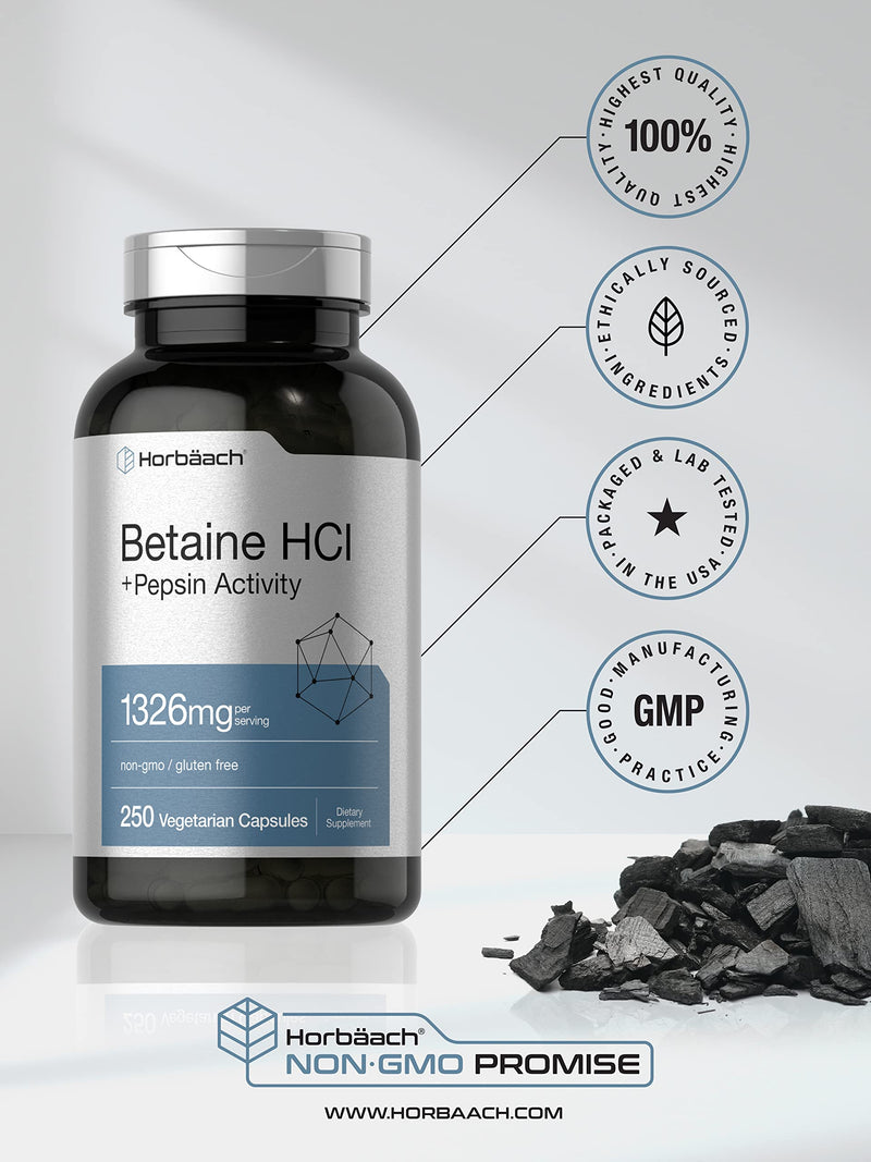 [Australia] - Betaine HCl with Pepsin | 1326mg | 250 Capsules | Betaine Hydrochloride Supplement | with Protease | Non-GMO, Gluten Free, Vegetarian | by Horbaach 