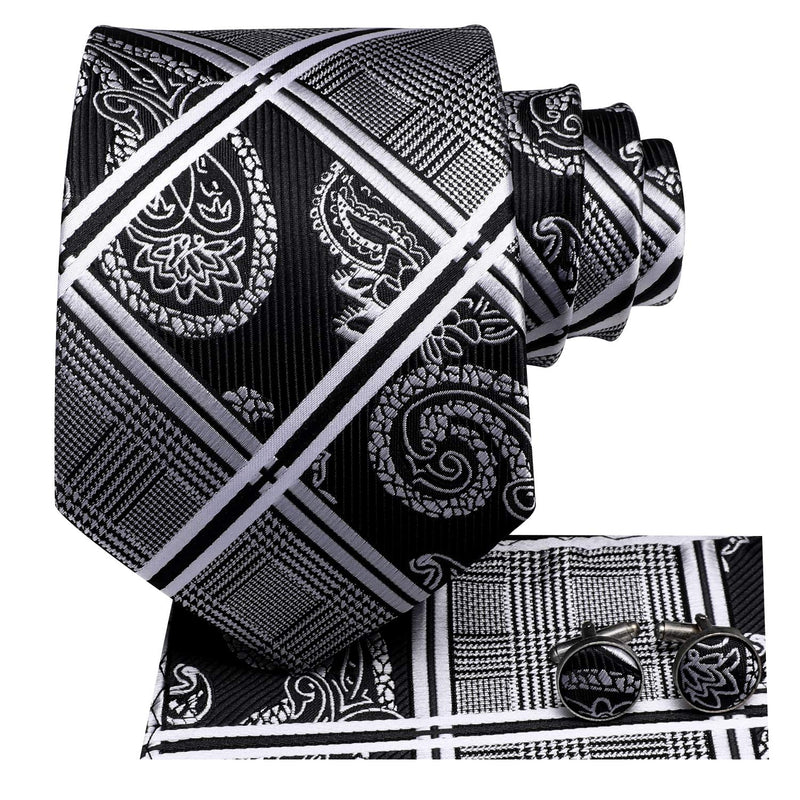 [Australia] - Hi-Tie Mens Plaid Ties Classic Necktie with Handkerchief Cufflinks Set Black 