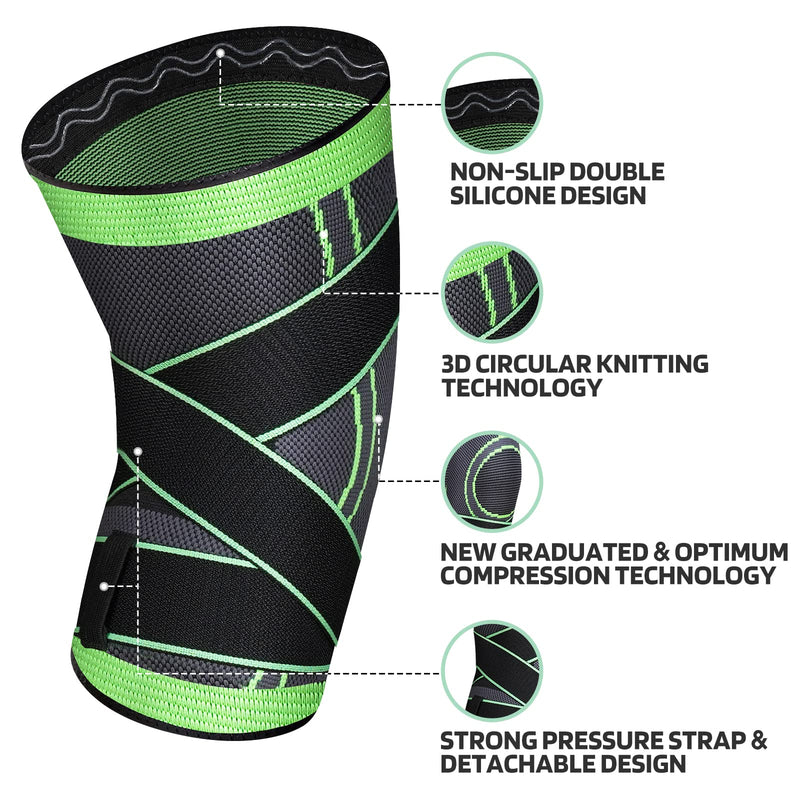 [Australia] - Knee Sleeve, Professional Knee Brace with Removable Adjustable Straps, Premium Compression Support for Arthritis Pain, Running Safety, Cross Fitness Training, Men's/Women's - Single (Large, GREEN01, 1) Large 