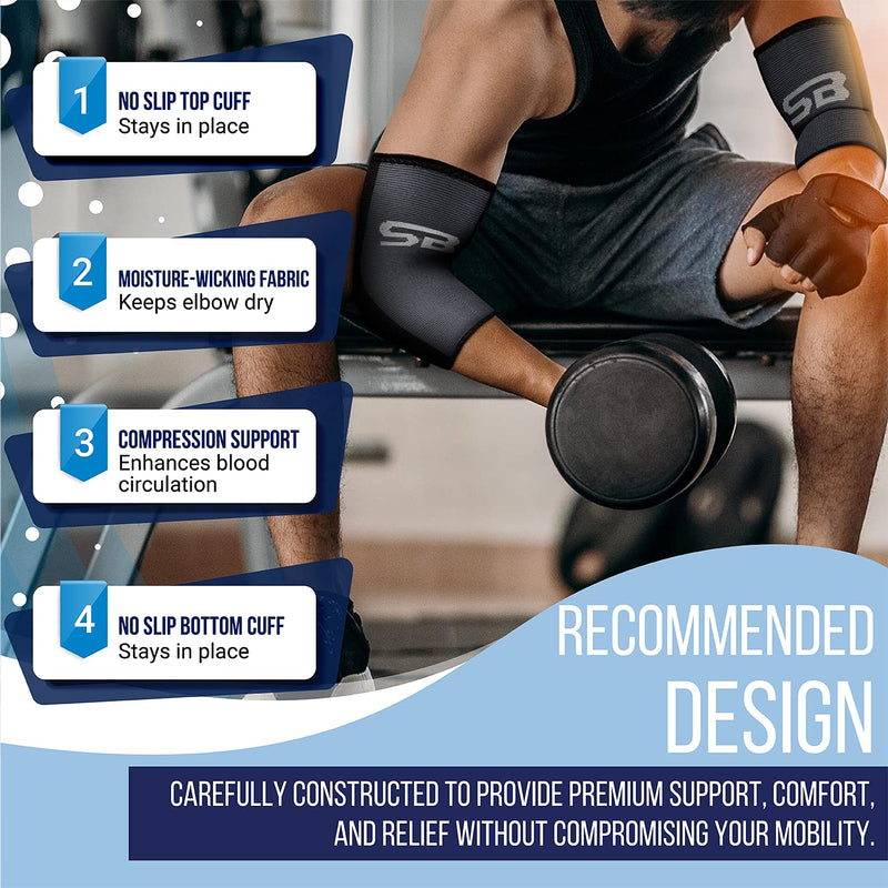 [Australia] - SB SOX Compression Elbow Brace (Pair) – Great Support That Stays in Place – for Tennis Elbow, Tendonitis, Arthritis, Golfers Elbow – Perfect for Weightlifting, Sports, Any Use Solid - Black Large 