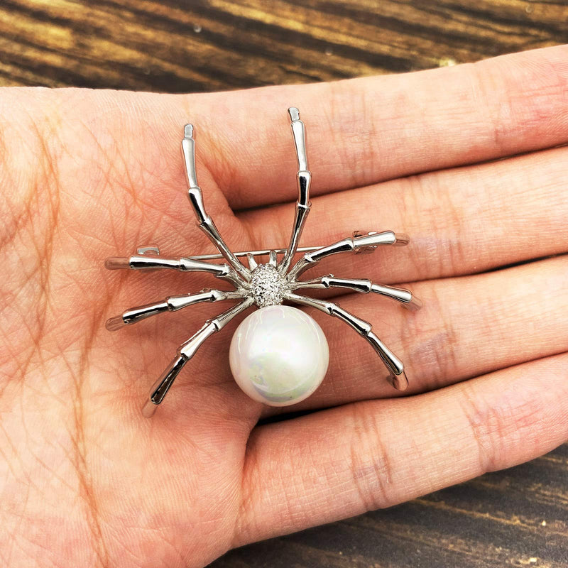 [Australia] - XGALBLA Realistic Simulated Pearl Cubic Zircon Animal Insect Spider Brooch Pins White Tone 