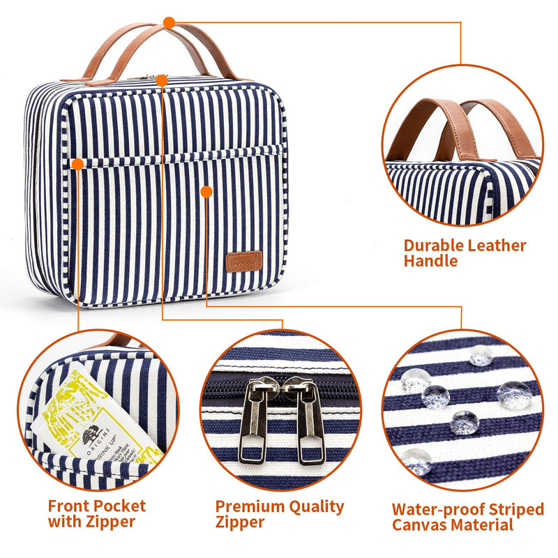 [Australia] - Hanging Travel Toiletry Bag, Large Capacity Wash Bag Waterproof Cosmetic Bag Makeup Organizer with 4 Compartments & 1 Sturdy Hook for Women/Men (Navy Blue & White Striped) Navy Blue & White Striped 