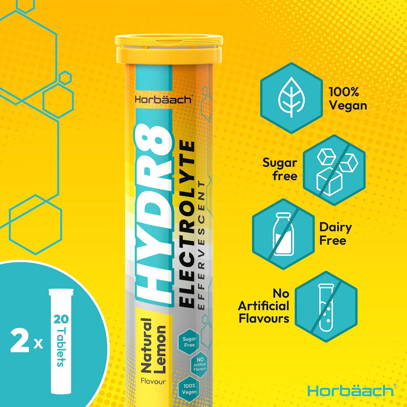 [Australia] - Hydration Tablets with Electrolytes | 2 Pack | 40 Multivitamin Effervescent Tablets | with Vitamin B1, B2, B6 and Minerals | Lemon Flavour | Vegetarian & Vegan | by Horbaach 