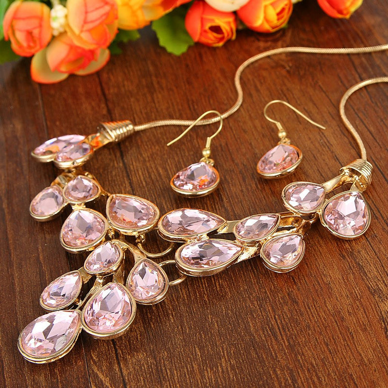 [Australia] - EVER FAITH Women's Austrian Crystal Bridal Waterdrop On The Branch Necklace Earrings Set Pink Gold-Tone 