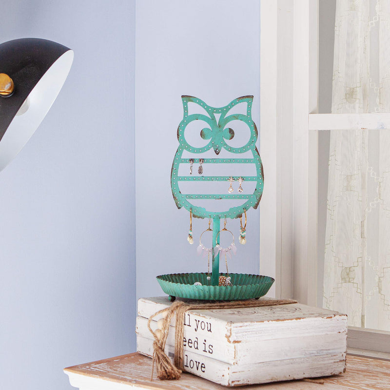[Australia] - NIKKY HOME Earring Holder Hanging Organizer Stand Metal Jewelry Tree Table Top Owl Ear Stud Holder Tower Rack with Ring Tray for Girls Kids (134 Holes), Teal 13.2-In 
