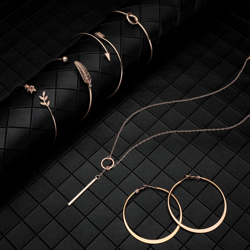 [Australia] - Hicarer Simple Bar Jewelry Set Vertical Bar Necklace Earrings Adjustable Cuff Bracelet Rose Gold 