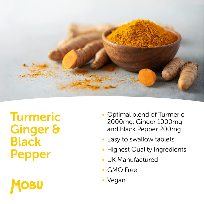 [Australia] - Turmeric 2000mg with Black Pepper & Ginger 120 Tablets | High Strength Curcumin Supplement | Turmeric and Black Pepper Tablets Anti-Inflammatory | Vegan UK Made | GMP Approved | MOBU 