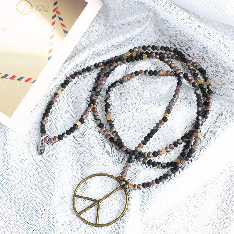 [Australia] - KELITCH Classic Peace Sign Necklace Love Hippie Pendant Frosted Crystal Beaded Necklace Colorful T 