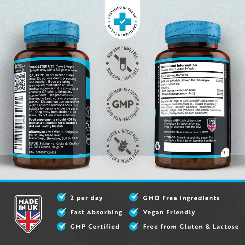 [Australia] - Vegan High Strength Omega 3 2000mg Soft Gels - 600mg DHA & 300mg EPA per Serving - Plant-Based Omega 3 Softgels Derived from Sustainable Algal Oil - 60 Vegan Softgels - Made in The UK by Nutravita 