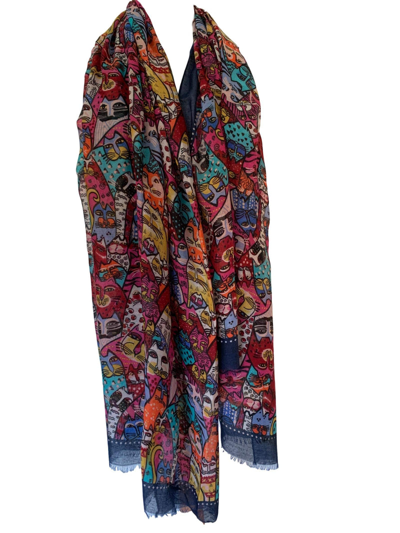 [Australia] - Purple Possum® Cat Scarf Multi Coloured Wrap Ladies Red Yellow Navy Blue Cats Pashmina Shawl 