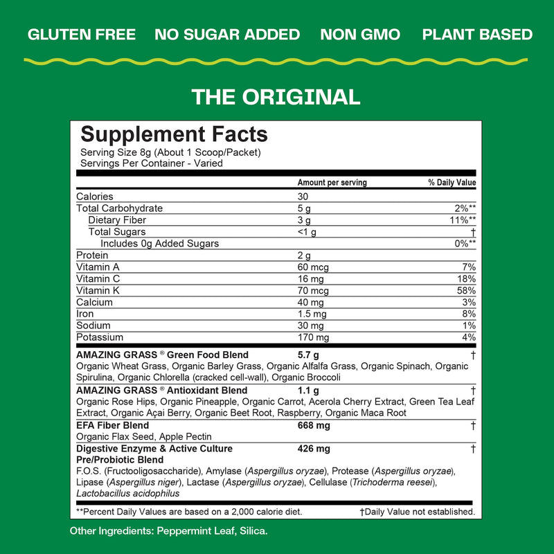 [Australia] - Amazing Grass Greens Blend Superfood: Super Greens Powder Smoothie Mix with Spirulina, Chlorella, Beet Root Powder, Digestive Enzymes & Probiotics, Original, 30 Servings 