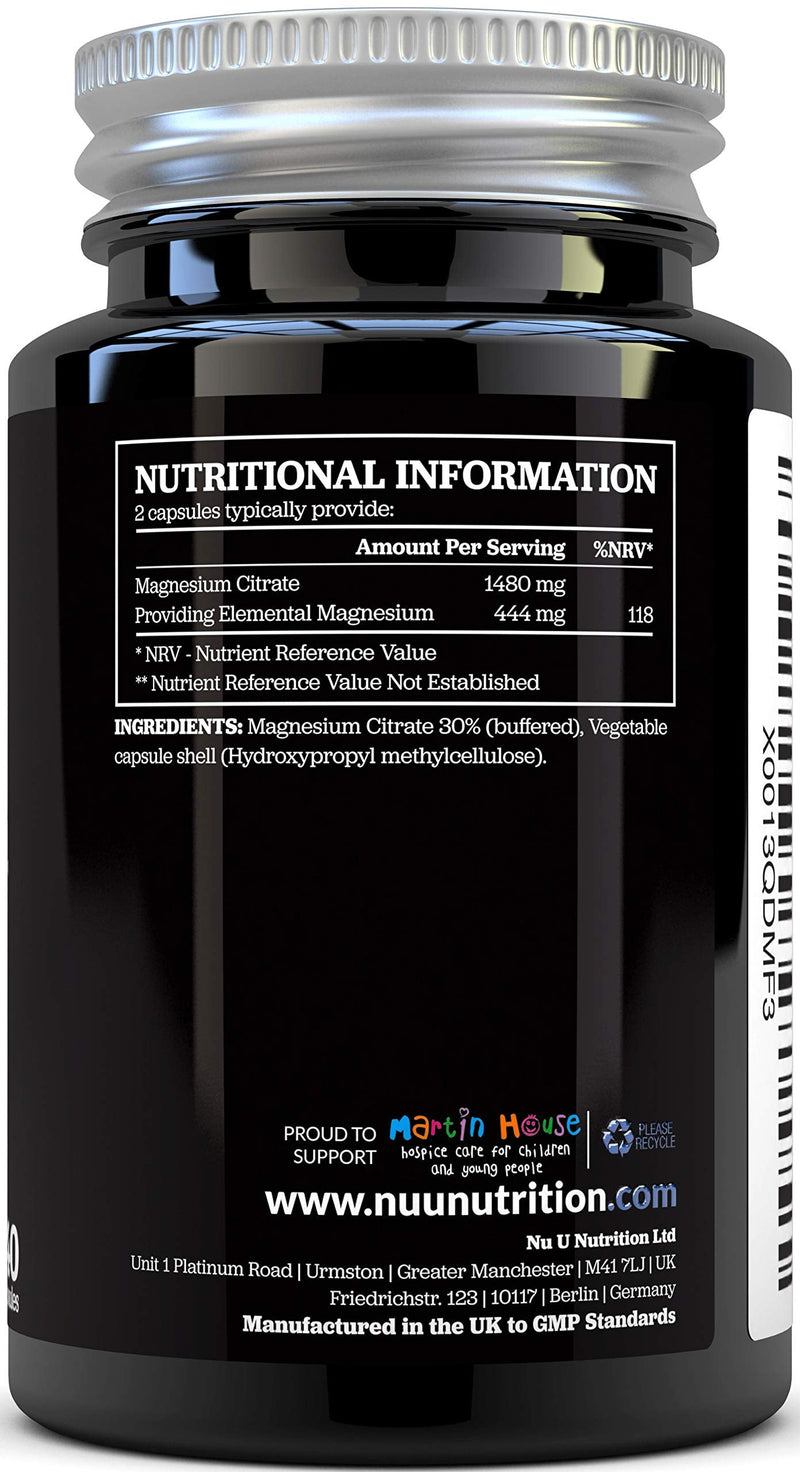 [Australia] - Magnesium Citrate 1480mg - 240 Vegan Capsules - 4 Month Supply - Providing 444mg Elemental Magnesium - Magnesium Capsules not Magnesium Tablets - High Strength Magnesium Supplement 