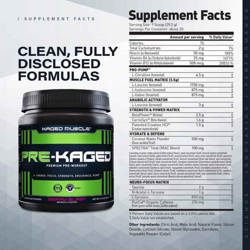 [Australia] - Pre Workout Powder; KAGED MUSCLE Preworkout for Men & Pre Workout Women, Delivers Intense Workout Energy, Focus & Pumps; Supplements, Berry Blast, Natural Flavors 
