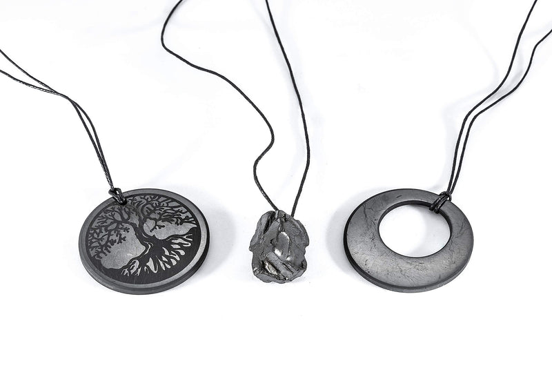 [Australia] - SN NATURSTEIN UG - Shungite Set of 3 Pendants"Tree of Life","Circle in a Circle","Precious Crystal 6-9g" 50 mm | Gem Stone from Karelia 