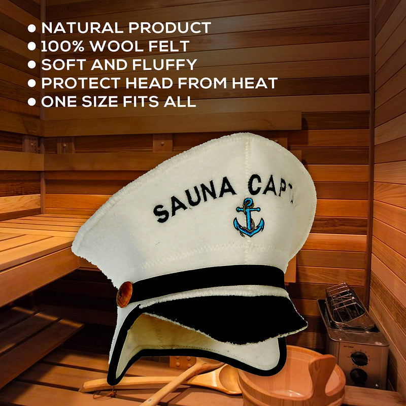 [Australia] - Natural Textile Sauna Hat 'Sauna Captain' White - 100% Organic Wool Felt Hats for Russian Banya - Protect Your Head from Heat - English Sauna eBook Guide Included - with Embroidery 