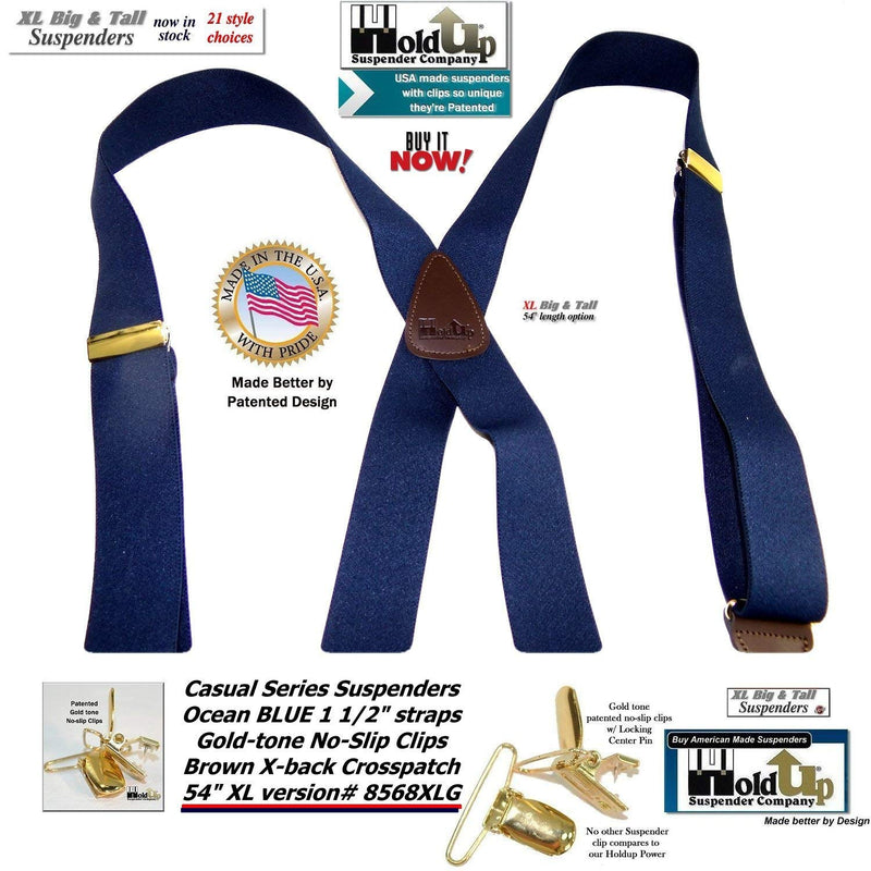 [Australia] - HoldUp Brand XL Dark Ocean Blue X-back suspenders for big and Tall men with gold tone no-slip patented clips 