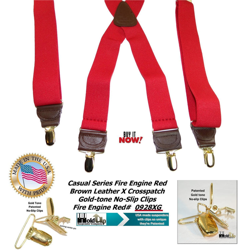 [Australia] - HoldUp Suspender Company's Fire Engine Red Casual Series Suspenders in X-back style with No-slip Gold-tone Clips 